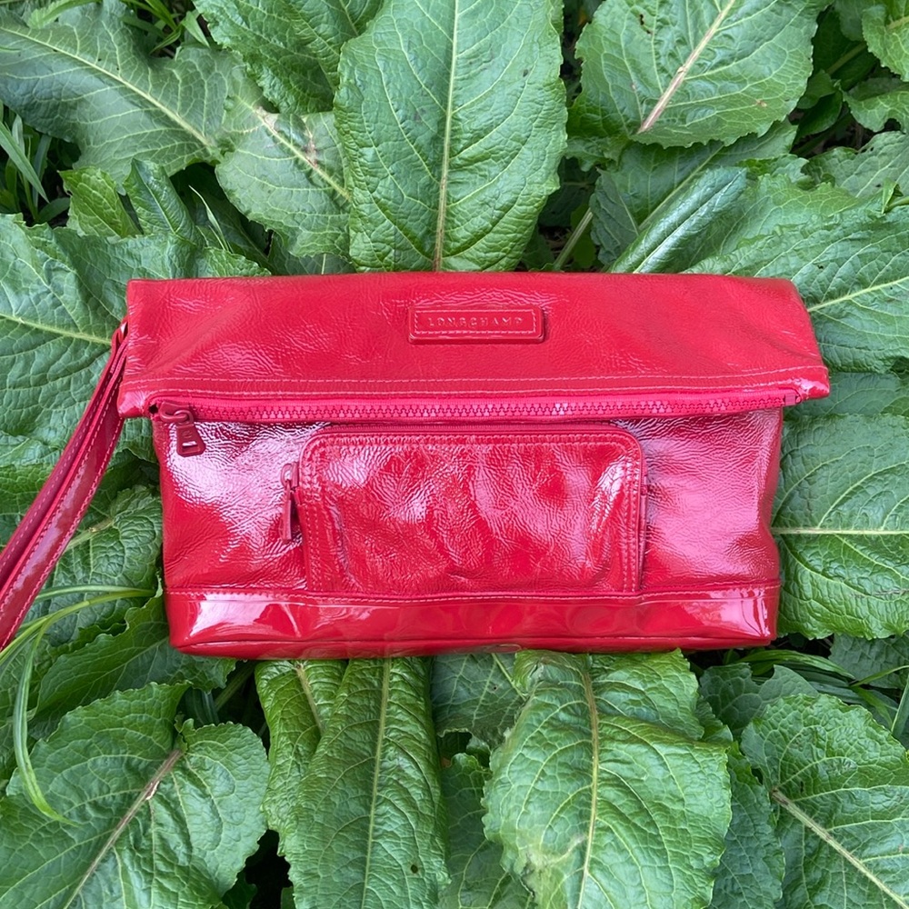 Longchamp Bag Vintage Red Patent Leather Fold Over Clutch Wristlet Pouch